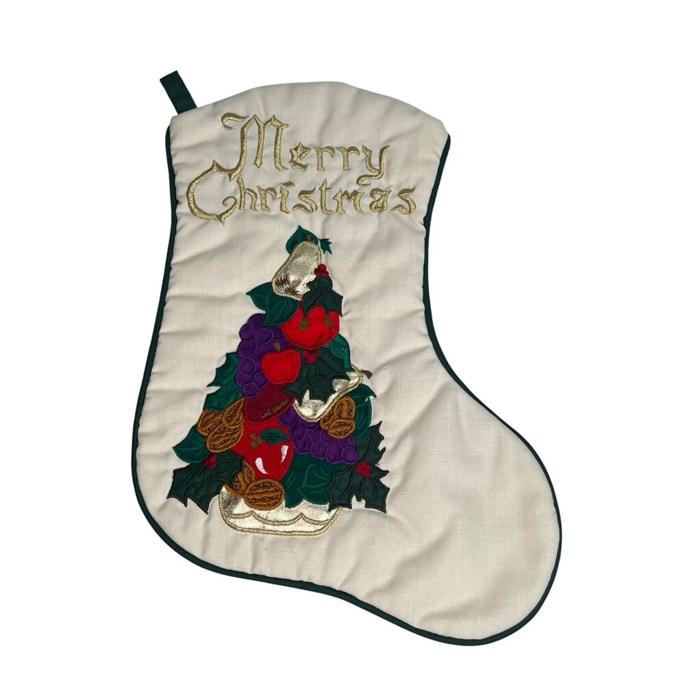 VTG Christmas Stocking Embroidered Merry Christmas Fruit Tree Design Green Trim